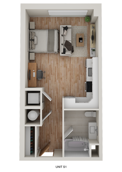 A top down view of a small apartment with a bed, desk, and kitchen area.